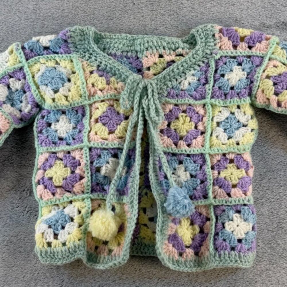 Handmade Crochet Cardigan Sweater Toddler Pastel Granny Square 12–24M